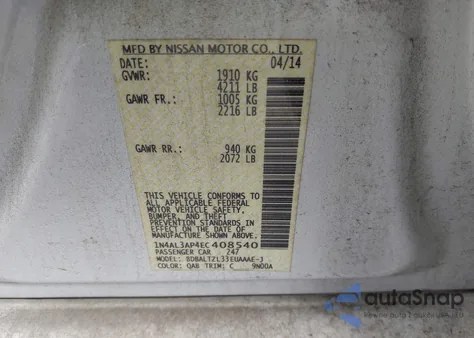 2014 Nissan Altima 2.5 Sv z USA, uszkodzony, nr VIN 1N4AL3AP4EC408540